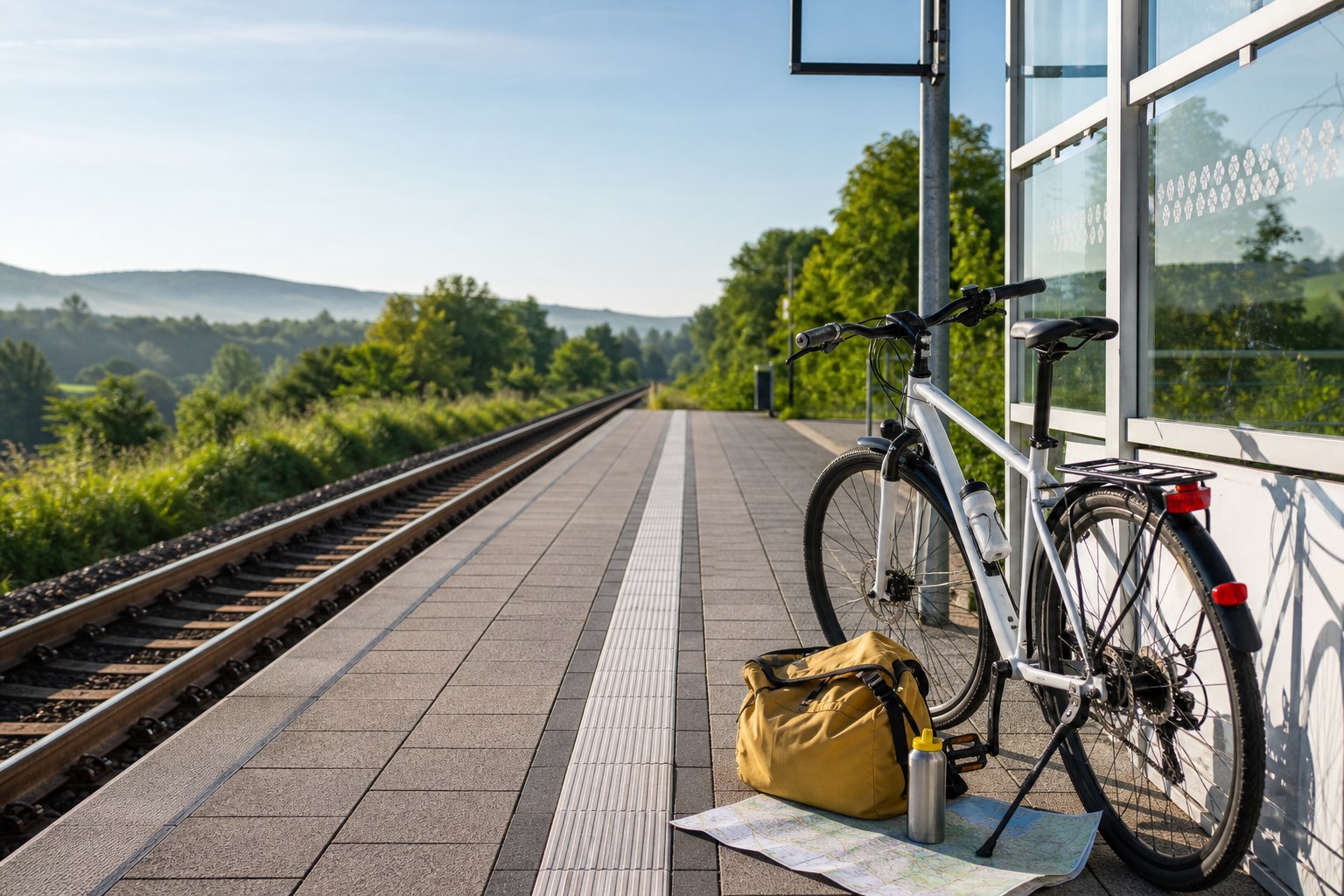 Fahrrad mit Wochenendtasche an einem kleinen Bahnsteig vor grüner Landschaft