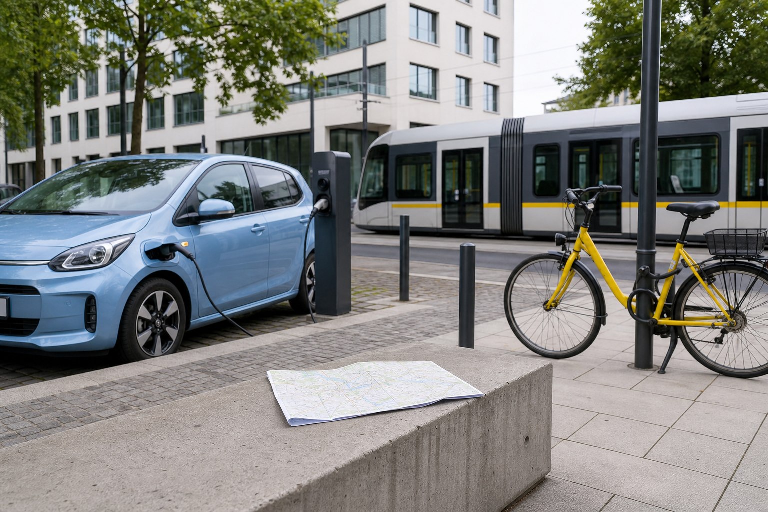 Kompaktes Auto, Fahrrad und Straßenbahnhaltestelle in einer hellen Stadtstraße